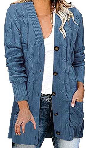 Cárdigan de ganchillo para mujer, suéter ligero de punto largo, con frente abierto, manga larga con bolsillos, azul, XL