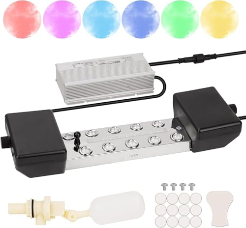 MUYIRTED Dimma maskin Dimma maskin 10 huvud 7 000 ml/H vattennecessär, Ultrasonic Mist Maker Fogger, Boje av plast, 400 W strömförsörjning, dimmaskin Har färgade lampor