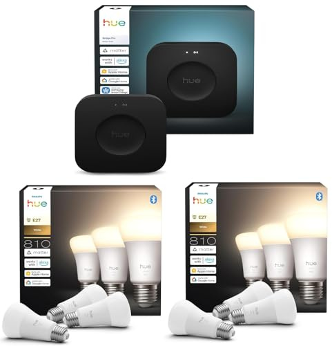 Philips Hue Lot de 2 ampoules intelligentes blanches 810 A60 E27 (6 ampoules) + hub intelligent Hue Bridge Pro | Éclairage intelligent sans fil, commande vocale, fonctionne avec Alexa et Google Home