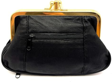 Charmoni - Portefeuille Femme - Porte Monnaie Fermeture clic clac Fermoir - Poche zippée - en Cuir d'agneau - 15 x 10 x 1 cm (Noir)