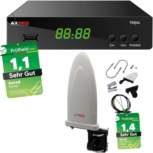 [ Test 2X SEHR GUT *] AXRED T90 HD DVBT2 Receiver + AX075 DVB-T/DVB-T2 Antenne mit Verstärker 36dBi für innen außen, mit USB PVR Aufnahmefunktion, für DVB T2 TV Fernseher Radio DVBT, DVB T Box