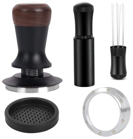 Davonpha 58mm Stampfer Set 30lbs Druck selbstnivellierend Walnuss | Komplettes Set: WDT-Tool, magnetischer Dosierring, Tampermatte. Selbstnivellierender Walnussgriff, Druck einstellbar 30lbs.