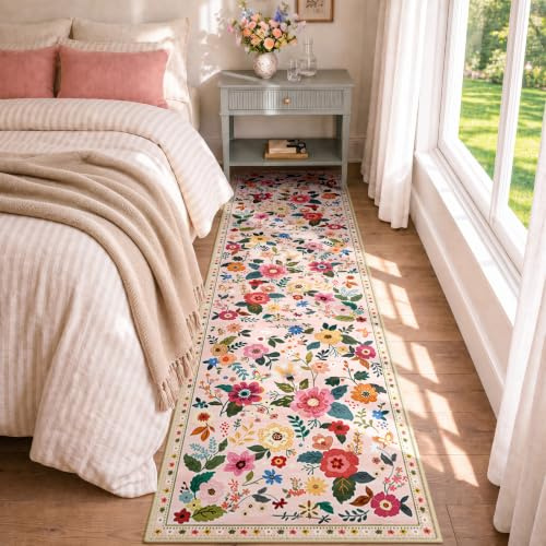 DEFYNEE Teppich Läufer Flur 60x240cm Rosa/Beige, Waschbar Teppichläufer | Boho Vintage Blumenmuster Läufer Teppiche, Waschbarer Rutschfester Kurzflor Weich für Küche Eingang Schlafzimmer & Korridor