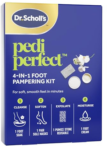 Dr. Scholl’s Pedi Perfect 4-in-1 Pampering Kit - The Ultimate At-Home Spa Pedicure Experience, Foot Soak, Exfoliating Mask, Moisturizing Cream, Pumice Stone Callus Remover, Soft Smooth Feet in Minutes