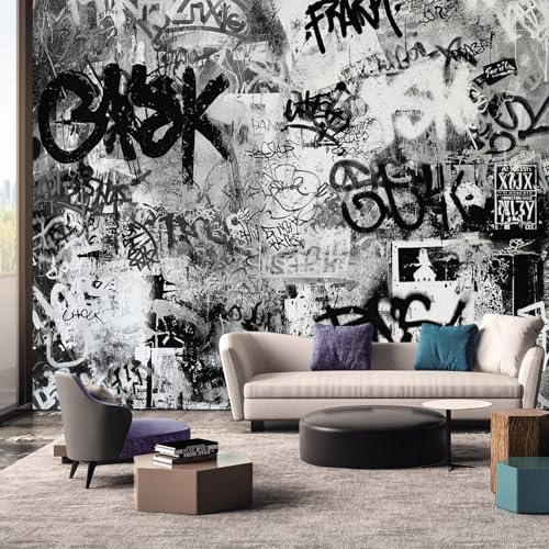 Graffiti Tapete, Tapete Abstrakt Kunst Schwarz Weiß Fototapete Wohnzimmer Schlafzimmer Küche Innen, Graffiti Wand Deko Wandtapete 400L x 280B cm