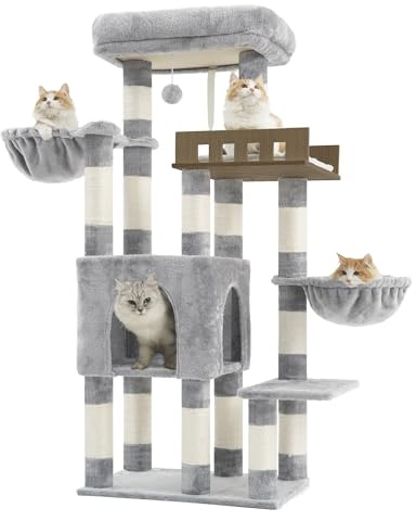 Gitelsnour Rascador para Gatos Grandes Interiores, Árbol para Gatos de más de 20 lbs+, con Gran Plataforma Superior de Madera, 14 Postes, Cuevas, Pompones, Cestas, Gris Claro GCT023W