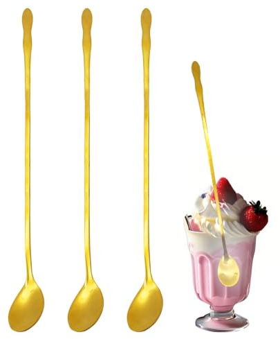 TUKEVA 3 Pièces Agitateurs en acier inoxydable de 32 cm Cuillère à Cocktail Longue Doré cuillères à glace pour le café, le thé glacé, les cocktails, les desserts et les coupes glacées (Doré)