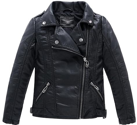 LOKTARC Boys Girls Spring Moto Faux Leather Jackets with Oblique Zipper Black 6-7 Years/Size 120