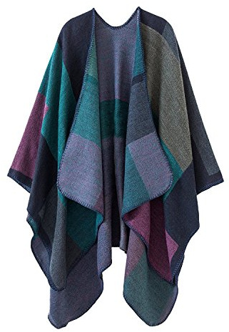 Womens Reversible Oversized Blanket Poncho Cape Shawl Cardigans (One Size, Plaid/Purple)