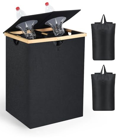 OTraki 140L Recycling Bin for Kitchen, 2 Compartments Large Home Recycle Bin with Lid with 2 Removeable and Reusable Inner Bag for Bottle Can Glass Waste Plastice, Black