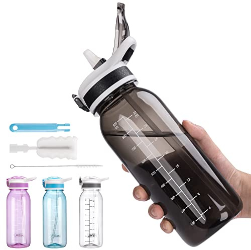 VENNERLI Sports Water Bottle with Straw 1Litre Leakproof Durable Tritan BPA Free Gym Flip Sipper Bottle Dustproof with Marking Dustproof Leakproof (1L Black)