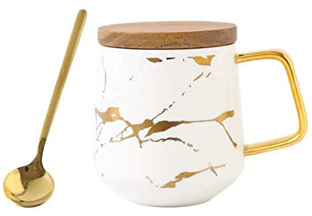 Eplze YBK Tech Porcelain Tea Cup Coffee Mug Set for Afternoon Tea - Marble Pattern (White, Tall 400ml + Wood lid)