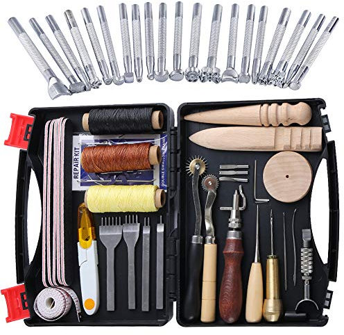 50 Stücke Leder Werkzeuge und Zubehör Set, Leder Werkzeug Set mit Aufbewahrungsbox, LederGroover Stempel Perfekt für Handwerk Nähen Schneiden