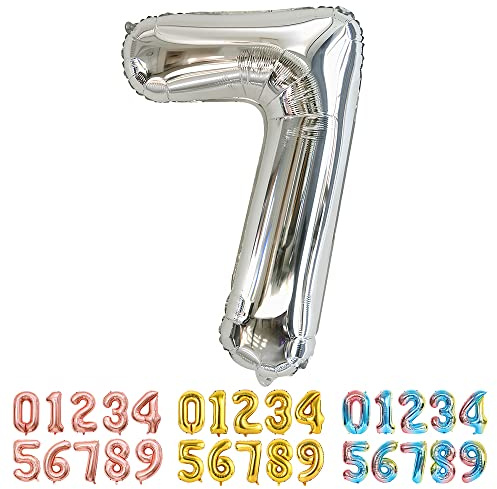 Ponmoo Luftballon Zahl 7 Silber, Riesen Nummer 0 1 2 3 4 5 6 7 8 9 10-19 20-29 30-39 40 50 60 70 80 90 100, groß Folienballons für Hochzeit Jubiläum, Geburtstagsballons Party Dekoration