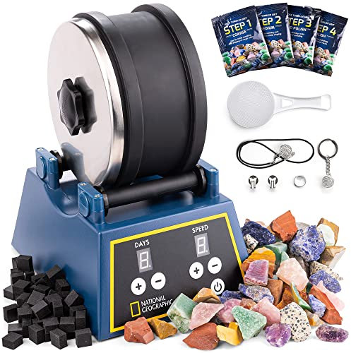 NATIONAL GEOGRAPHIC Rock Tumbler Kit - 1.36 kg Extra Large Capacity Barrel with 3-Speed Motor & 9-Day Timer, Includes Rocks for Tumbling & Rock Polisher Grit, Rock Tumbler Machine for Adults & Kids