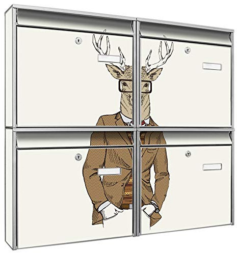 banjado Briefkastenanlage 4 Fach - Postkästen groß - verzinkter Stahl Silber DIN A4 Motiv Doktor Hirsch - Briefkasten Set 4 Briefkästen Namensschild, 2 Schlüssel, Montagematerial