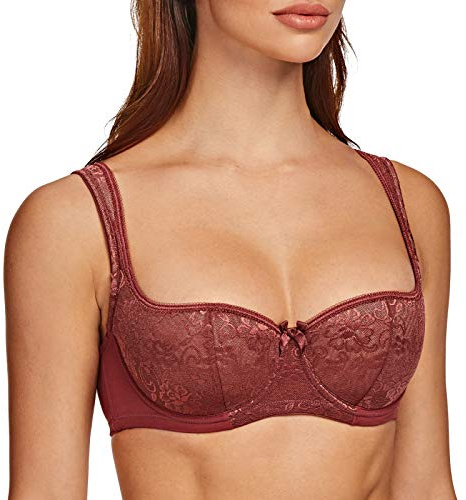 MELENECA Women's Balconette Bra with Padded Strap Half Cup Underwire Sexy Lace Cabernet Red 34DD