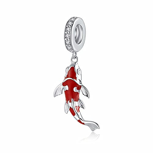 Qings lycka Koi fisk berlock 925 sterlingsilver röd emalj | Ädel zirkonia med platina för berlockarmband eller halsband som smyckesgåva för damer