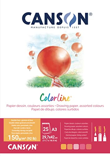 CANSON Colorline, Farbiges Zeichenpapier, Zweiseitig: gekörnt und glatt, 150gsm, 92lb, An der kurzen Seite geleimter Block, A3-29,7x42cm, 5 verschiedene Farbtöne, 25 Blatt - C31074P005