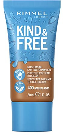 Rimmel London, Fondotinta Liquido Idratante KIND & FREE, con Vitamine E, B5 e Aloe Vera, Cruelty-Free e Vegano, Tonalità 400 Natural Beige, 30 ml
