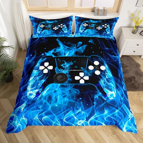 Homemissing Garçons Gaming Parure de Lit 220x240cm pour Enfants Gamer Parure Housse de Couette Jeu Vidéo Housse de Couette Room Decor Luxury Blue Flame Modern Gamepad Collection Réversible