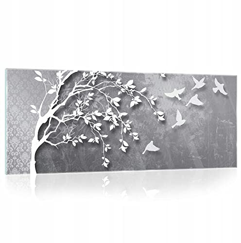 WallArena Glasbilder Grau Baum 125x50 cm Modern Glasbild Küche Badezimmer Wohnzimmer Schlafzimmer Bilder auf Glas einteilig Deco Glass Querformat Wandbilder Aufhängfertig