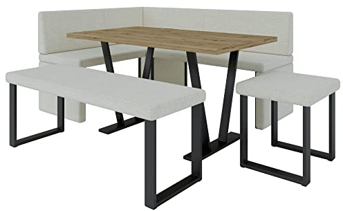 Eckbank Akiko Metal mit Tisch und Bänken - Eckbankgruppe für Ihrem Esszimmer, Küche modern, Sitzecke, Essecke. Perfekt für Küche, Büro und Rezeption. Solide Verarbeitung (INARI 22, 196x142 Links)