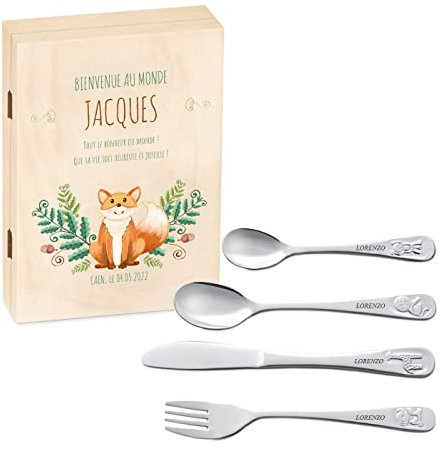 Maverton Set de couverts enfant personnalisé pour garçon - Coutellerie dans coffret imprimé - Cadeau Enfant Thème Animal - Cadeau naissance garcon - Cadeau Personnalisé bébé - Couverts gravés - FORÊT