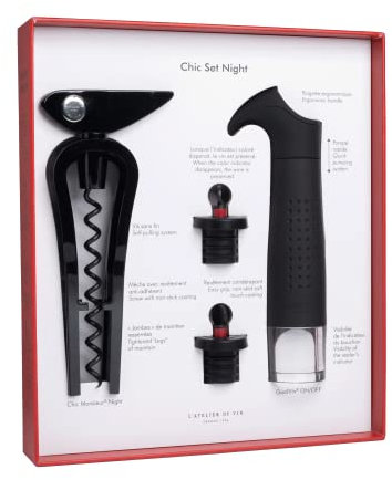 L'ATELIER DU VIN - Chic Set Night - Coffret Sommelier, Coffret cadeau - Tire bouchon Chic Monsieur Night - Pompe à vide pour le vin Gard'vin ON/OFF