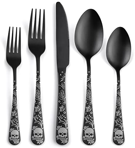 SANLUNS 40 Piece Skull Pattern Matte Silverware Set for 8, Black Flatware set Service for 8,Gothic Unique Skull Pattern Design,18/0 Stainless,Satin Finish Cutlery for 8,Dishwasher Safe