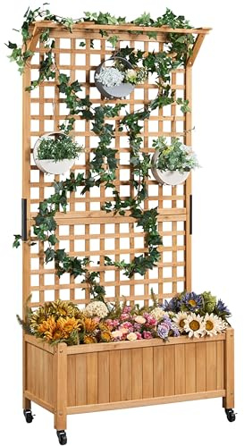 Yaheetech 72 H Horticulture Garden Planter with Trellis for Vine Climbing Plants Garden Box Outdoor w/Drainage Holes Raised Garden Bed Garden Planter Box for Flowers, Herbs Light Brown