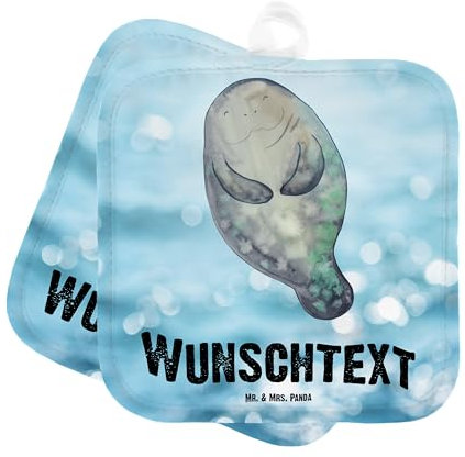 Mr. & Mrs. Panda Personalisierte Topflappen Seekuh Happy - Geschenke, Topfuntersetzer, Personalisierter Ofenhandschuh, Respekt, Personalisiert, Namensaufdruck, Meer, Selbstliebe, Liebeskummer, Set