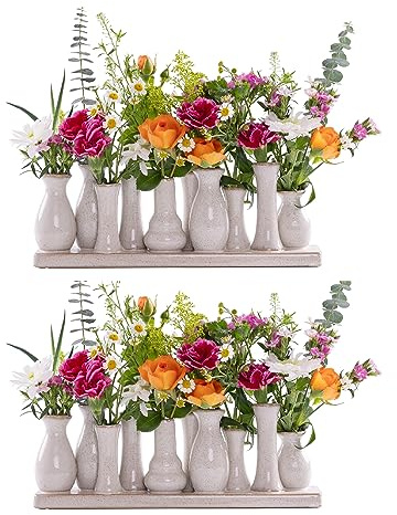 Jinfa 2er Set Keramikvasen – je 10 kleine Vasen auf Sockel – Antik-Weiß – Boho & Nordic Tischdeko – Handgefertigte Geschenkidee