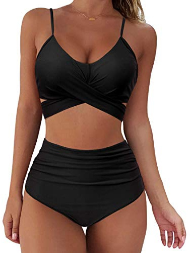 RXRXCOCO Damen Wickel Push Up Bikini Oberteil mit Bauchweg High Waist Bikini Set Bademode Schwarz Size L