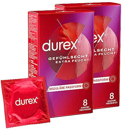 Durex Gefühlsecht Kondome - Hauchzarte Dünne Extra feucht mit Gleitgel Beschichtung für intensiveres Empfinden – 2er Pack (2 x 8 Stück)