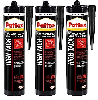 Pattex Montage High Tack, Montagekleber mit sehr starker Anfangshaftung, lösemittelfreier Baukleber für fast alle Materialien*, Klebstoff für innen und außen**, 3x511g Kartusche