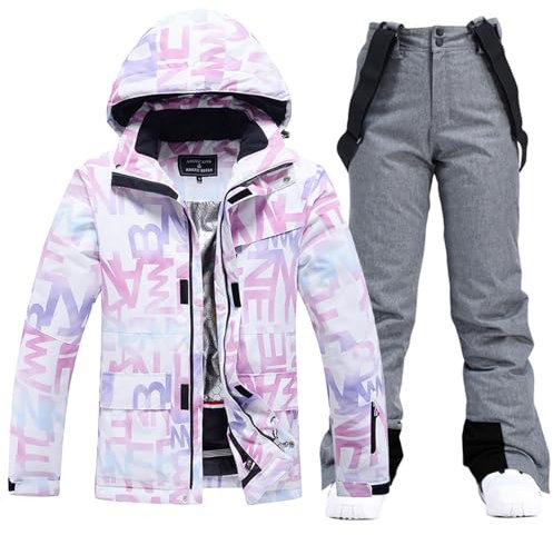 ALSOGO Damen Skijacke & Skihose Set Skianzug 2 teilig Schneeanzug Wasserdicht Schneejacke Winddichte Schneehose mit Abnehmbare Kapuzen Trägern zum Skifahren Snowboarden TY304 Grau L