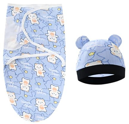 AUSYIWI Pucksack Baby 0–5 Monate, Baby Pucktuch für Neugeborenen Kleinkinder, Babyschlafsack mit Mütze, Wickeltuch für Säuglinge 100% Bio-Baumwolle Swaddle Decke (Blau)