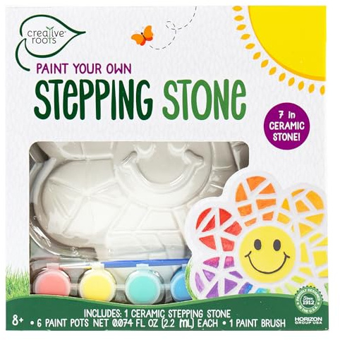 CREATIVE ROOTS Paint Your Own Smiley Daisy Stepping Stone, 7 Inch Stepping Stone Kit with 6 Acrylic Paints and Paintbrush, Great Kids Craft, Painting Kits for Kids Ages 8-12, Creativity for Kids