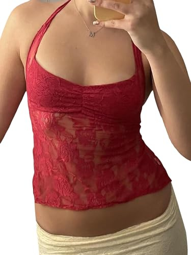 Achlibe Damen-Tanktop mit floralem Spitzenbesatz, bauchfreies Top, Sommer, Spaghettiträger, ärmellos, Camisoles, Party, Clubwear, F-rot, M