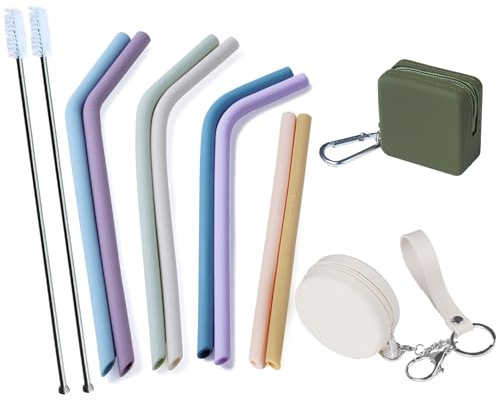 4-Size Reusable Silicone Straws with Travel Keychain Cases-Portable Collapsible For Cruise Ships, Short-Long Size For 4-20 oz Tumblers,Kids Toddlers Adults, Standard&Wide For Regular Liquid&Smoothie