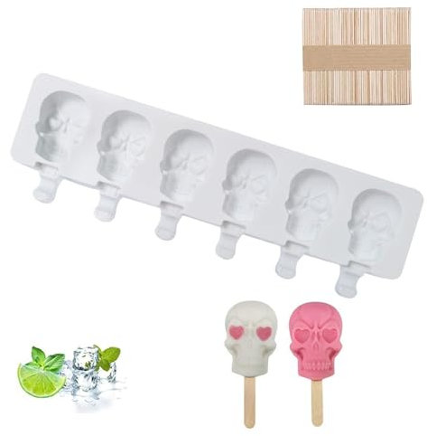 Moldes de silicona para helados, forma de calavera, molde de helado, molde de helado sin BPA, molde para tartas de chocolate, con 50 varillas de madera