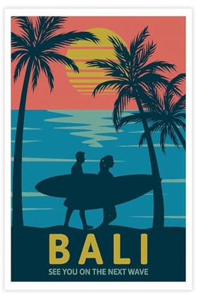 MExmeb Leinwandposter im Vintage-Stil, Motiv: Surfen, Bali, Wandkunst, Dekor, Bild, Gemälde für Wohnzimmer, Schlafzimmer, Dekoration, ungerahmt, 50 x 75 cm