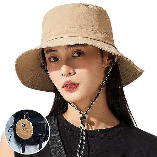 Tyuodna Fischerhut Herren,Sonnenhut Herren Damen wasserdichte Schnelltrocknend,Anglerhut Herren UV-Schutz,Safari Hut Herren mit Verstellbarer Schnur Unisex (Wasserdichtes Nylon, Khaki)