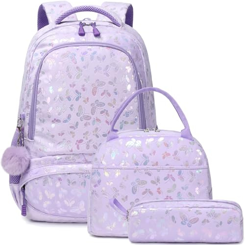 Meisohua Girls Backpack with Lunch Box 3 in 1 Backpack Set for Girls School Backpack for Kids Preschool Kindergarten Elementary Kids Bookbag with Chest Strap Water Resistant Butterfly Furry Backpack