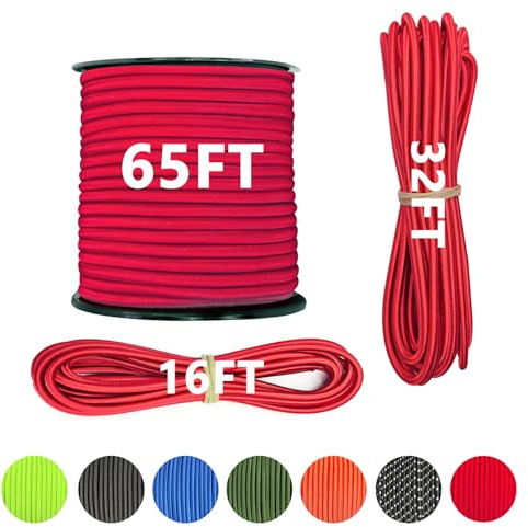 LUYADIN 1/4 x 32' Marine Grade Bungee Cord Elastic Shock Cord, Kayak Stretch String Rope, Heavy Duty Bungee Shock Cords for Repairing Tent Poles, DIY, Tie Downs (Red)