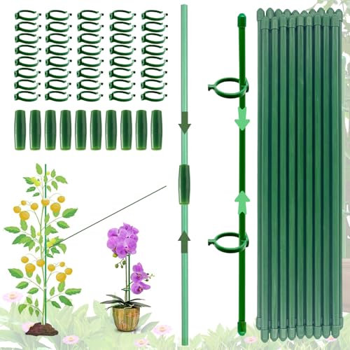 (110 Unidades) Tutor Jardin, 20 Tutores para Plantas, Palos para Plantas con 40 Clips para Plantas, con 10 Tubos de Extensión, Tutor Fino para Plantas, Soporte para Plantas, Tomates, Orquídeas