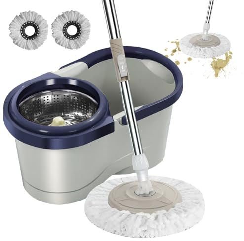 Kit Balai Serpillère Et Seau Essoreur, Ensemble De Balai À Plat avec Seau, Balai Serpillère Essoreur avec Seau 2 Compartiment, Ensemble Seau Et Balai De Nettoyage Sol Pro