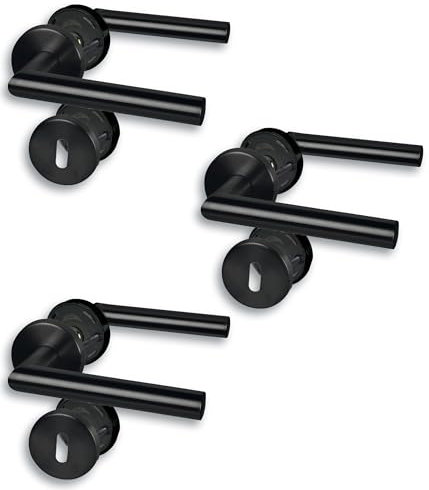 Alpertec Set of 3 Rosette Fittings, Stainless Steel, Black, for 3 Room Doors with Deadlock Holes, Cliprosette, Diameter 52 mm, Door Handle, Door Handle