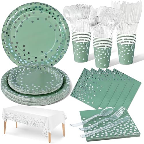 Nkaiso Paper Plates Napkins Cups Set, 141 Pieces Grass green and Silver Kids Birthday Party Tableware Reusable Party Supplies Set Includes Paper Plates Napkins -20 Guests